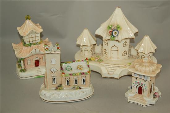 Three Staffordshire porcelain models of toll houses and another of a church, mid 19th century, height 11.5 - 18cm